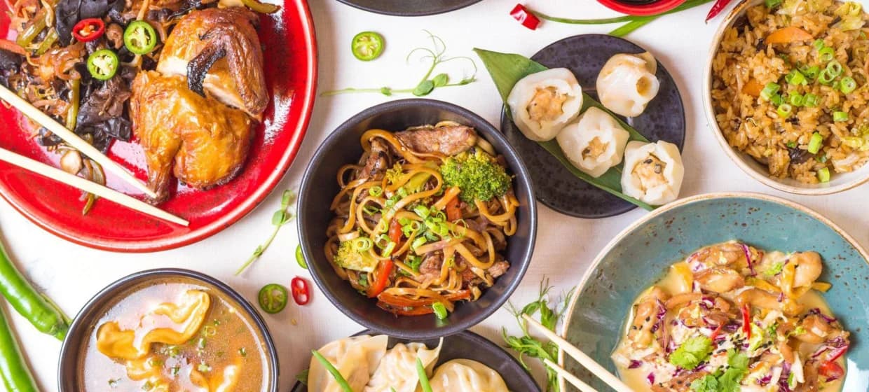 Plato de comida china tradicional con arroz y pato en Chang Feng Barcelona Poblenou Diagonal