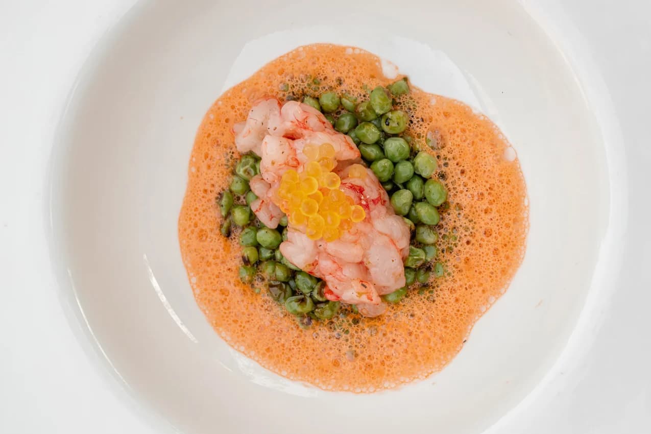 gamba roja con guisantes y espuma de mar menu masia l escala el moli