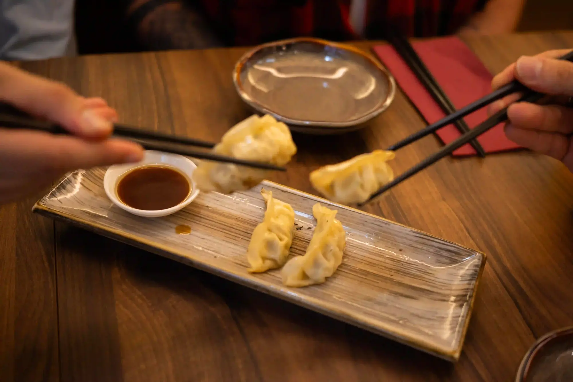 gyozas recién hechas listas para disfrutar servidas con salsa en Ryu Ramen García nuevo restaurante de ramen en Poblenou Barcelona